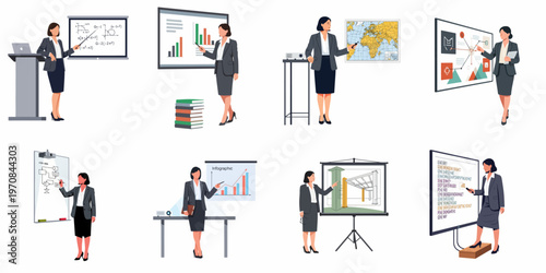 Set of vector illustrations of a professional businesswoman giving various presentations using whiteboards, charts, maps, and technical diagrams.
