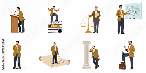 Set of illustrations depicting a male lawyer or advocate engaged in various legal, educational, and public speaking activities with justice-related symbols.