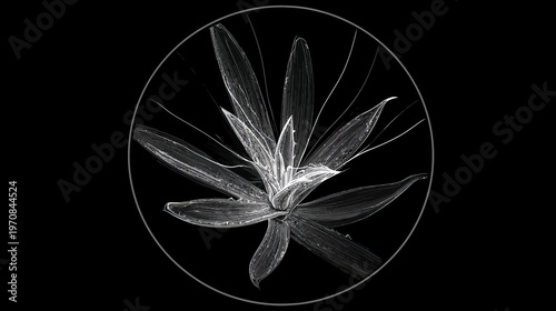 Black and white digital drawing of a floral design inside a circular frame. Detailed brushstrokes