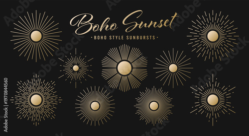 Vintage golden sunburst, sunset beams collection. Boho style, modern minimalist bohemian design. Hand drawn bursting sun, light rays. Logotype or lettering retro design element. Vector illustration