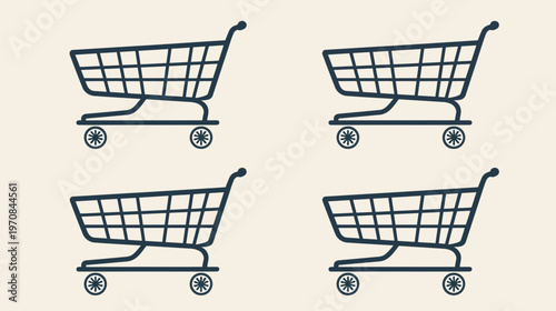 A geometric illustration featuring four shopping carts, set against a neutral, beige backdrop