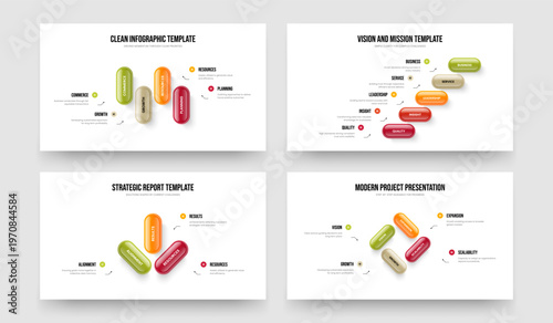 Service Solution Four Five Three Step Infographic Slideshow Design Vector Illustration Set. Modern Planning 4 5 3 Option Diagram Presentation Layout Bundle.