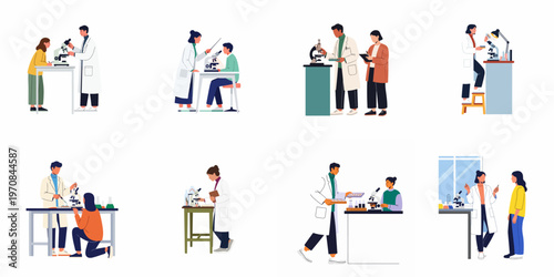 Diverse collection of flat illustrations featuring scientists and students conducting research and experiments using microscopes and laboratory equipment in professional and educational settings.