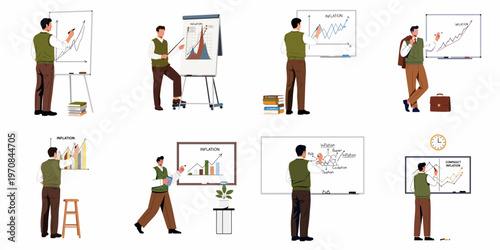 Set of illustrations depicting a male economist or teacher explaining rising inflation using various charts and graphs on whiteboards and flip charts.