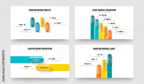 Visual Plan 4 5 2 3 Option Diagram Slideshow Template Collection. Consulting Strategy Four Five Two Three Element Infographic Presentation Design Vector Illustration Set.
