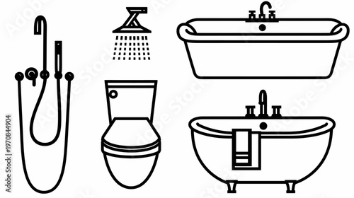 Black and white vector illustration of various bathroom fixtures