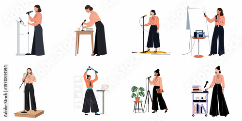Flat vector illustration set of a professional woman in various public speaking and presentation poses using microphones and audiovisual equipment on white background.
