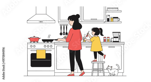 Young woman cooking on a stove while her little daughter helps in a clean modern kitchen with a cute white cat watching.
