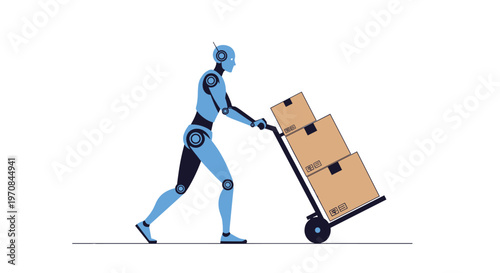 Advanced humanoid robot efficiently moving heavy cardboard boxes on a delivery trolley for modern warehouse logistics and automation.