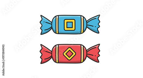 Two colorful wrapped candies in blue and red colors with geometric patterns isolated on a plain white background for sweet design.