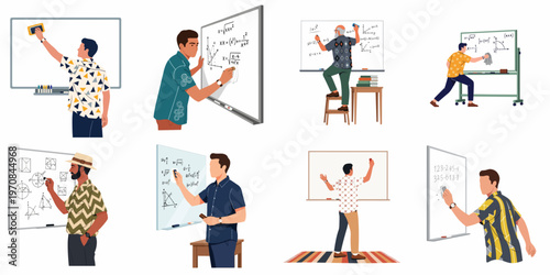 Set of flat illustrations featuring men of different ages and ethnicities writing on and erasing whiteboards with mathematical and geometric formulas.