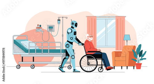 Future healthcare concept showing a medical robot assisting an elderly man in a wheelchair within a bright modern hospital room.