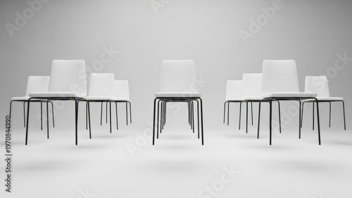 A symmetrical arrangement of nine white chairs with slender black legs, set against a light gray background that gradually darkens towards the edges