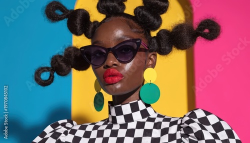 High‑fashion editorial portrait of a Black woman with voluminous textured curly hair wearing purple‑tinted cat‑eye sunglasses