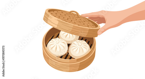 Close up of a hand lifting the lid of a traditional bamboo steamer to reveal three hot and fresh steamed dumplings inside.