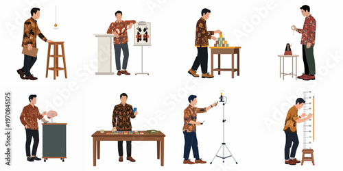 Flat vector illustrations set of a male psychologist in batik conducting various psychological tests, including Rorschach inkblots, brain analysis, and behavioral experiments.