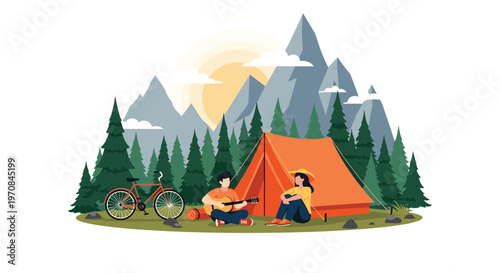 Peaceful camping scene with a young couple relaxing outside their tent in the mountains, with one person playing an acoustic guitar.