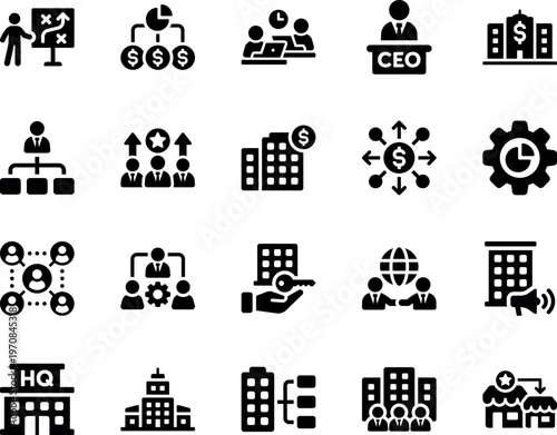 Business management vector icon set, strategy, organization, CEO, teamwork, office, finance, growth, global, analysis
