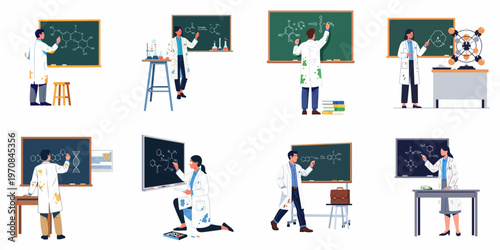 Collection of scientists in white lab coats writing chemical formulas and scientific diagrams on chalkboards, representing research, education, and chemical science.
