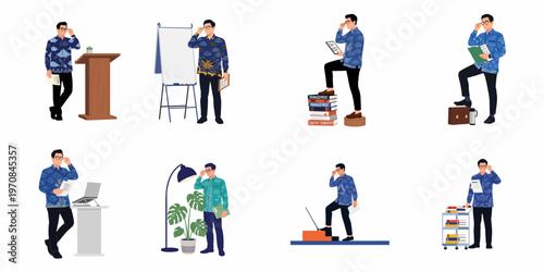 Set of Indonesian male professional illustrations wearing batik shirts in various office, teaching, and leadership scenarios.