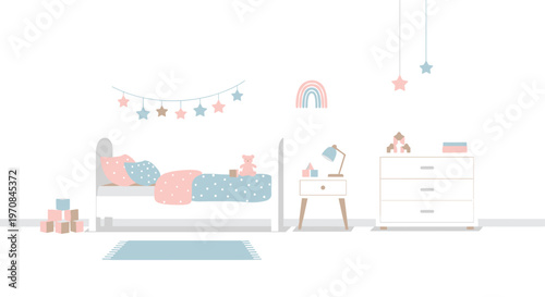 A minimalist baby's room features a white bed, nightstand, and dresser with pastel decor against a plain white background.