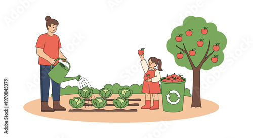 Joyful scene of a mother and daughter working together in their vegetable garden while participating in green recycling and composting.
