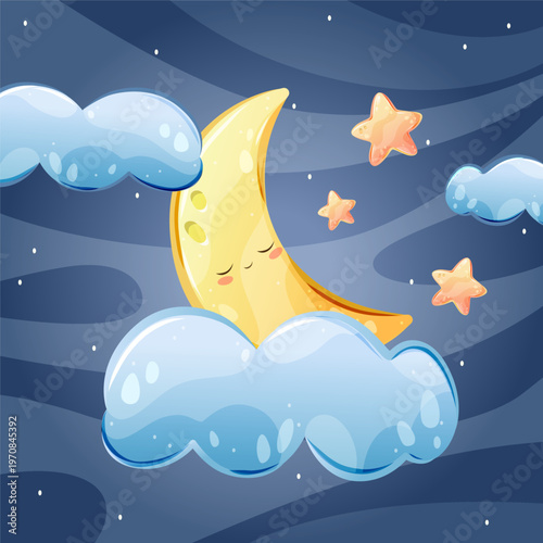 The moon sleeps in the clouds. Cartoon style. Vector illustration.
