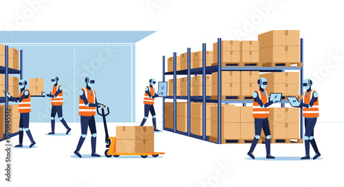 Advanced robotic workers wearing orange safety vests managing inventory and moving boxes in a modern logistics warehouse facility.