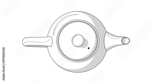 Top down view of a classic white ceramic teapot with a handle and spout showing circular lid detail in minimalist black line art.