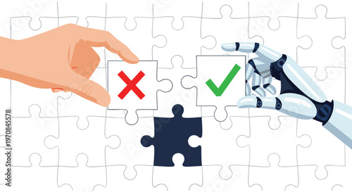 Human hand and robotic hand holding puzzle pieces with red cross and green checkmark symbols over a white jigsaw puzzle background.