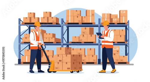 Two warehouse employees wearing orange safety vests and yellow helmets managing stock with a pallet jack and a digital tablet device.