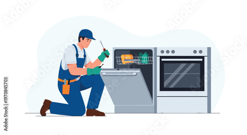 Professional technician in blue overalls kneeling on the floor to repair a white kitchen oven with tools like a small screwdriver.