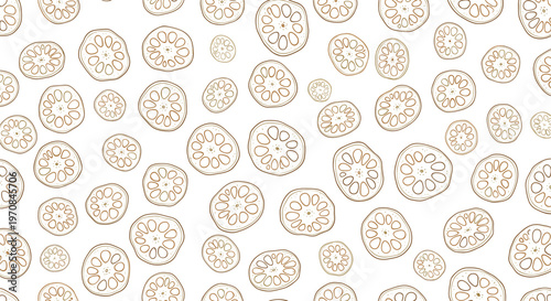 Detailed pattern of hand drawn lotus root slices in brown line art scattered across a clean white background for a seamless design.