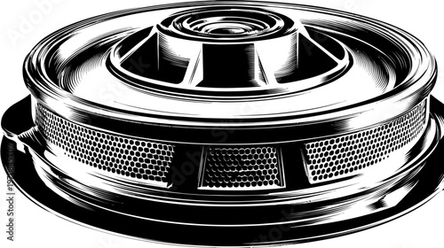 A detailed illustration of a metallic engine component with a circular design