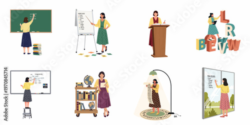 Set of Illustrations Featuring a Female Teacher Engaging in Various Educational Activities and Teaching English Language Concepts