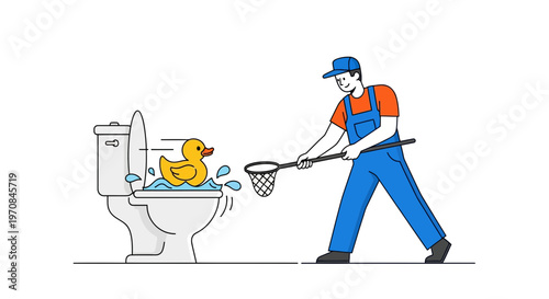 Man catching rubber duck in toilet.