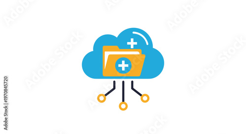 Blue cloud icon containing a yellow folder with medical plus signs and connecting digital network nodes representing health data.