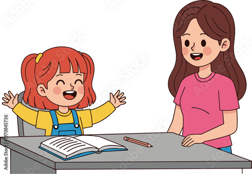Mother helping child with homework cartoon vector illustration for education, parenting support, learning activity and childhood development design use
