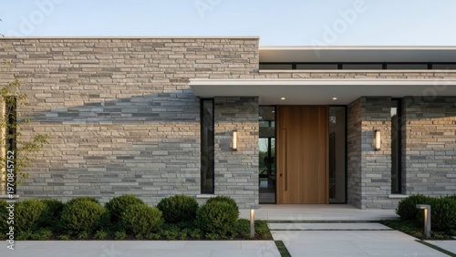 A modern house with a stone facade, wooden front door, and well-manicured landscaping