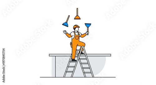 Man on ladder with tools working.