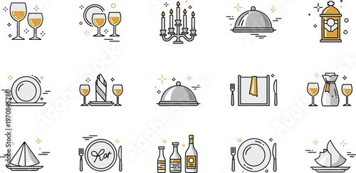 Restaurant dining icons set with wine glasses plates cloche candles and table setting elements vector illustration collection