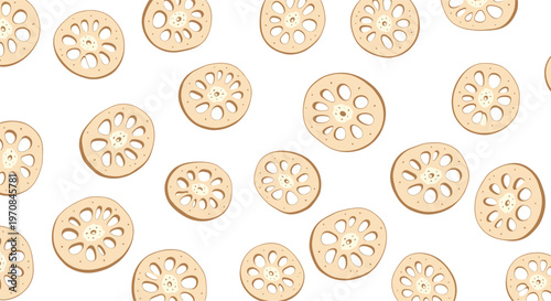 Multiple lotus root slices with characteristic internal holes arranged randomly on a white background in warm light beige tones.