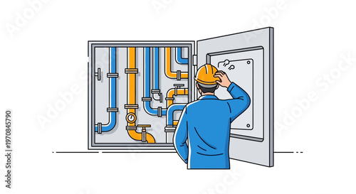 Man wearing blue uniform repairing pipes.