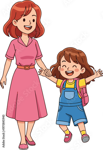 Mother and daughter walking together happily cartoon vector illustration for family lifestyle, parenting care, joyful childhood and relationship design use