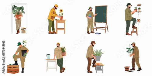 Set of flat illustrations featuring a male gardener or plant enthusiast caring for various indoor and outdoor potted plants.