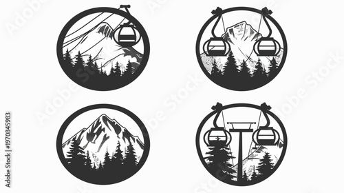 Four circular designs featuring mountains, trees, and cable cars in a black and white, minimalist style