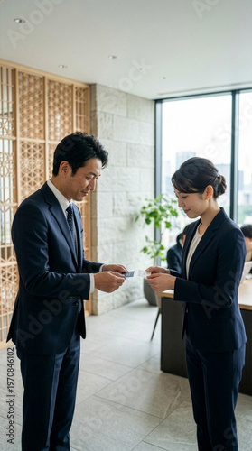 Close-up of Japanese business people exchanging business cards with respect, professional etiquette, copy space