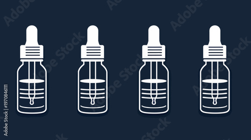 Four stylized dropper bottles with liquid inside, white outline on a dark blue background
