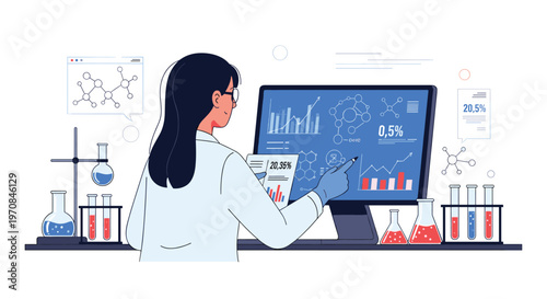 Professional female scientist in a white lab coat working on a computer surrounded by chemical data and laboratory glassware.