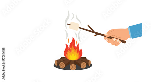 A hand roasts a smoking marshmallow on a stick over a small campfire with logs on a white background.